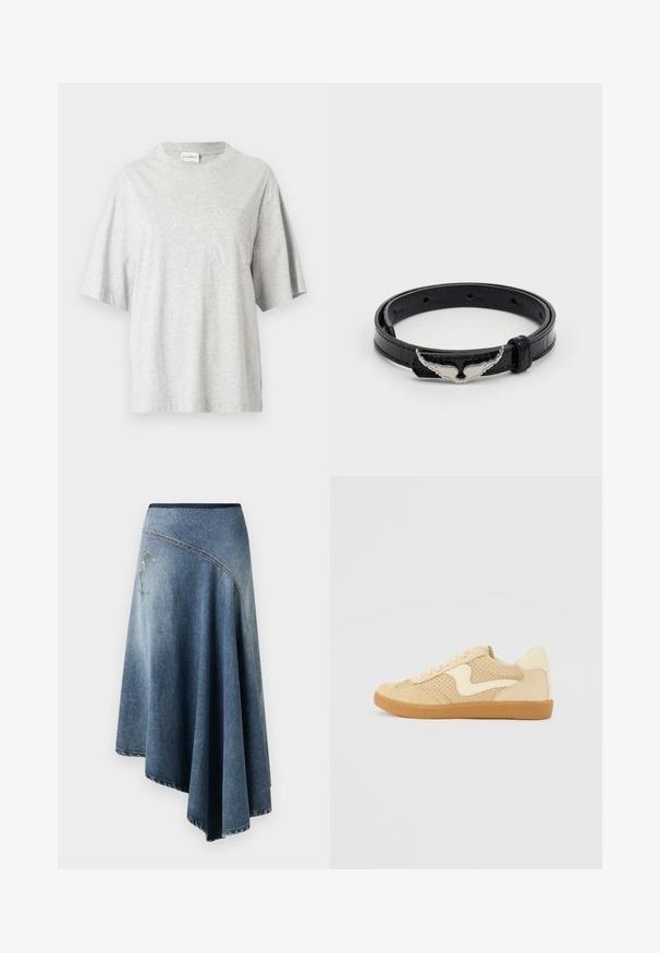 Grijs katoenen T-shirt met een ronde hals, korte mouwen en een borstzakje aan de linkerkant. Heeft een klein label aan de zijnaden.; Denim wikkelrok in een licht naar donkerblauwe gradient, met een geborduurd bloemenpatroon aan één kant en zichtbare stikdetails langs de randen.; Beige sneaker van suede en mesh materialen, ronde vorm, opvallende gepolsterde kraag en een gumrubberen zool. Kenmerkt zich door een golvend ontwerp accent.; Zwarte leren armband met een glanzende afwerking, voorzien van een zilverkleurige klauw in de vorm van een vleugel en meerdere aanpassingsgaten.