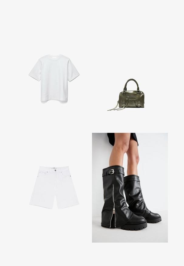Schlichtes weißes T-Shirt mit kurzen Ärmeln und Rundhalsausschnitt flach auf weißem Hintergrund ohne Muster oder Logos.; Stradivarius Jeans Shorts - white denim; Schwarze Lederstiefel bis zum Knie mit weiter Schaftweite, seitlichem Reißverschluss und Schnallenakzent, strukturierter Oberfläche und robuster Gummisohle.; Olivgrüne Lederhandtasche mit doppelten Griffen, Frontreißverschlusstasche, Schnallendetails und langen Quasten auf weißem Hintergrund.