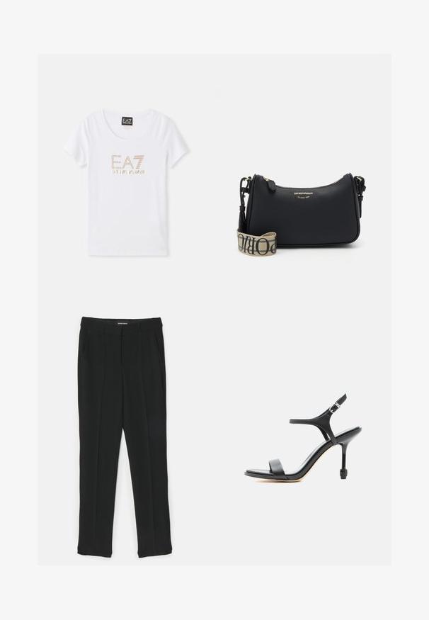 Camiseta de algodón blanca con un cuello redondo, que presenta un logo en piedras de strass doradas "EA7 EMPORIO ARMANI" centrado en la parte delantera.; Pantalones negros con un diseño de corte recto, que presentan pliegues, bolsillos laterales y una textura suave. Están fabricados con una tela ligera.; Sandalia negra de cuero con tacón alto, tiras delgadas, puntera abierta y hebilla ajustable en el tobillo, presentada sobre un fondo blanco liso.; Bolso de cuero negro texturizado con forma curva, herrajes dorados y una correa beige desmontable con letras negras.
