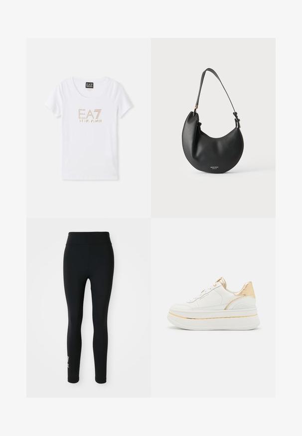 Hvid bomulds T-shirt med rund halsudskæring, prydet med et logo i gyldent rhinestones "EA7 EMPORIO ARMANI" centreret på forsiden.; Sorte leggings lavet af strækbart stof, med en høj talje og et lille trykt logo på det ene ben. Glat tekstur, tætsiddende design.; Læderplatformsneaker i hvid med guldaccenter, der har en struktureret guldhælhæl, runde snørebånd og en glat sål med en tynd guldstribe.; Sort læder skuldertaske i halvmåneform med justerbar rem og lille hvid logo tekst foran mod en lys baggrund.