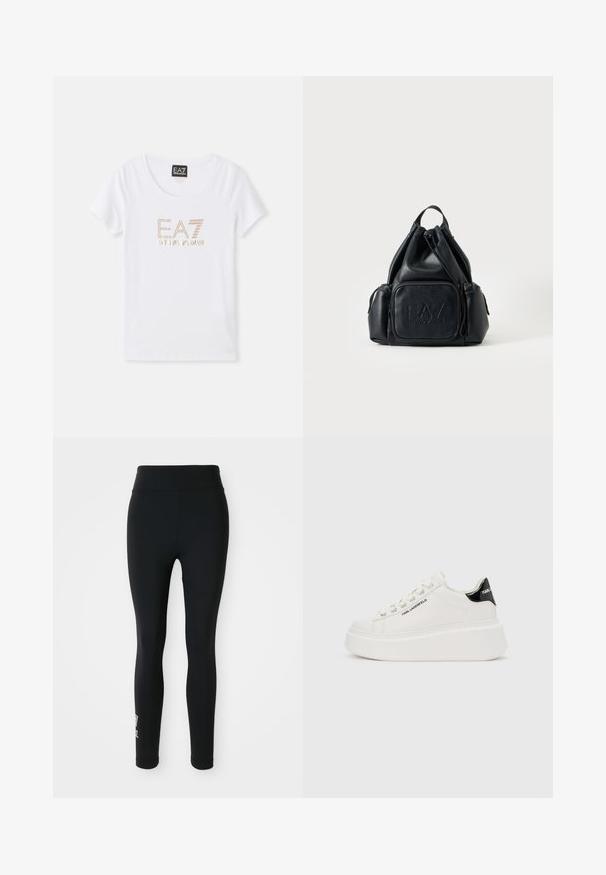 Camiseta de algodón blanca con un cuello redondo, que presenta un logo en piedras de strass doradas "EA7 EMPORIO ARMANI" centrado en la parte delantera.; Leggings negros hechos de tela elástica, con una cintura alta y un pequeño logotipo impreso en una pierna. Textura suave, diseño ajustado.; Zapatilla de plataforma blanca con talonera negra, marca "Karl Lagerfeld" en el lateral y talón, cierre frontal de cordones, parte superior de cuero liso.; Mochila negra de cuero con cordón, con bolsillos delanteros y laterales con cremallera, con el logo "EA7 Emporio Armani" en relieve en el bolsillo delantero.