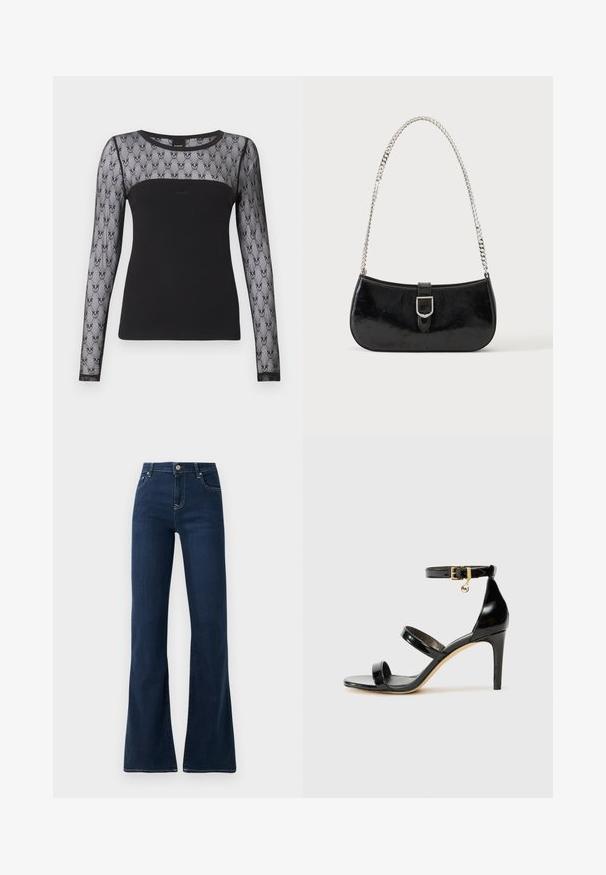 Sort langærmet top med gennemsigtig mesh på øverste bryst og ærmer med et gentagende blomsterblonde mønster.; Mørkeblå flagrende jeans med høj talje, lavet af denimstof. Har to forlommer og kontrastsyninger langs sømmen.; Sorte patenterede lædersandaler med tre stropper, ankelspænde og 10 cm stiletthæl. Har detaljer i guld og et logo charms.; Sort skuldertaske i laklæder med sølv spænde og sølv kæderem, vist mod en ensartet lys baggrund.