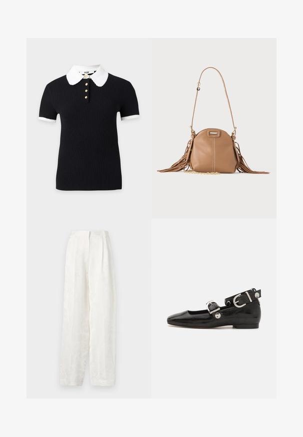 Haut noir côtelé à manches courtes avec col et poignets festonnés blancs, orné de quatre boutons dorés sur le devant de l'encolure.; Pantalons blancs à jambes larges en tissu lisse et texturé, présentant un motif floral subtil et un design plissé à l'avant.; Ballerine en cuir verni noir avec un bout carré, sangle de cheville avec des détails en métal argenté et semelle plate. Texture lisse avec un design minimaliste.; Petit sac à bandoulière en cuir fauve avec longue bandoulière, détail chaîne dorée et franges des deux côtés sur un fond neutre.