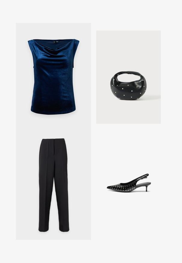Marineblaue ärmellose Bluse aus weichem, glänzendem Stoff, mit einem drapierten Carmenausschnitt und einer taillierten Silhouette, glatter Textur und abgerundetem Saum.; Schwarze gerade geschnittene Stoffhose mit hoher Taille und Bügelfalte auf einfachem, hellem Hintergrund.; Schwarze Leder-Slingback-Highheels mit spitzer Zehenform und kleinem Absatz. Verziert mit metallischen Nieten entlang des Obermaterials für zusätzliche Textur.; Schwarze Lederhandtasche mit abgerundeter Form, verziert mit silbernen Nietenakzenten und kurzem Griff. Glatte Struktur und Reißverschlussverschluss.