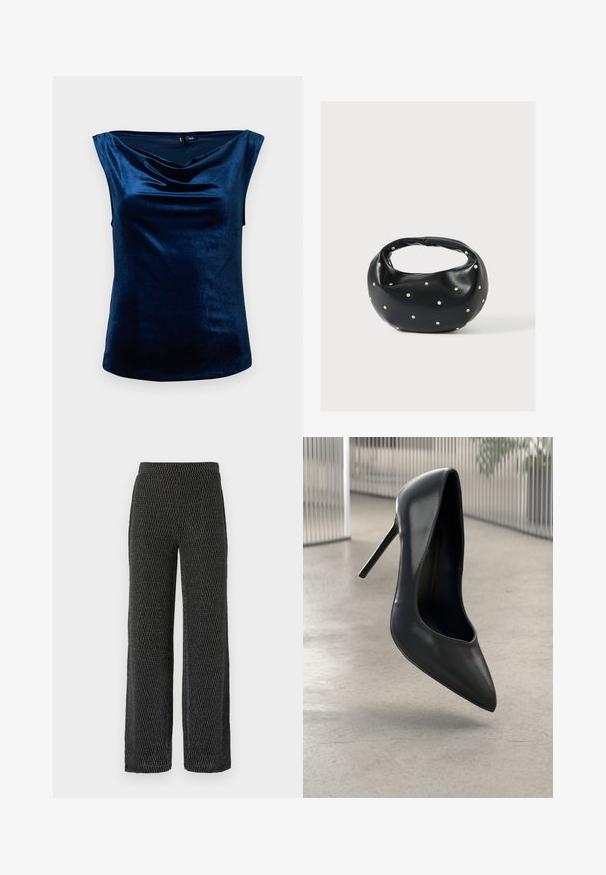 Top sin mangas de color azul marino, hecho de una tela suave y brillante, con un escote drapeado y una silueta ajustada, textura lisa y dobladillo redondeado.; Pantalones de pierna ancha en punto negro texturizado con un patrón sutil. Cuentan con una cinturilla elástica y una tela suave y transpirable para mayor comodidad.; Zapato de tacón alto de cuero negro con punta afilada, diseño elegante y sin herrajes visibles. Textura suave y estilo minimalista.; Bolso de mano de cuero negro con forma redondeada, decorado con detalles de tachuelas plateadas y un asa corta. Textura lisa y cierre con cremallera.