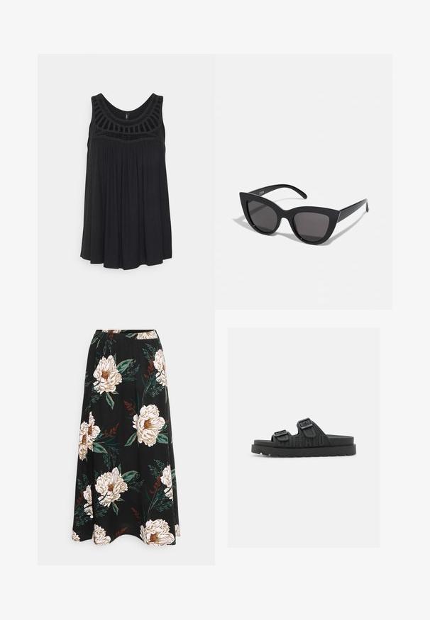 ONLY ONLLINE CROCHET - Topp - black; Vero Moda Petite VMEASY SKIRT - A-lõikeline seelik - black; Mustad musta värvi siseriiete sandaalid, millel on kaks reguleeritavat klambrid, tekstuuriga rihm ja paks tald. Küljele on peale pruugitud "BUFFALO".; Mustad mustakate silmade prillid, millel on matt viimistlus, hallist toonitud läätsed, teravad nurgad ja stiilsed küljed. Brändi nimi on nähtav siseküljel.