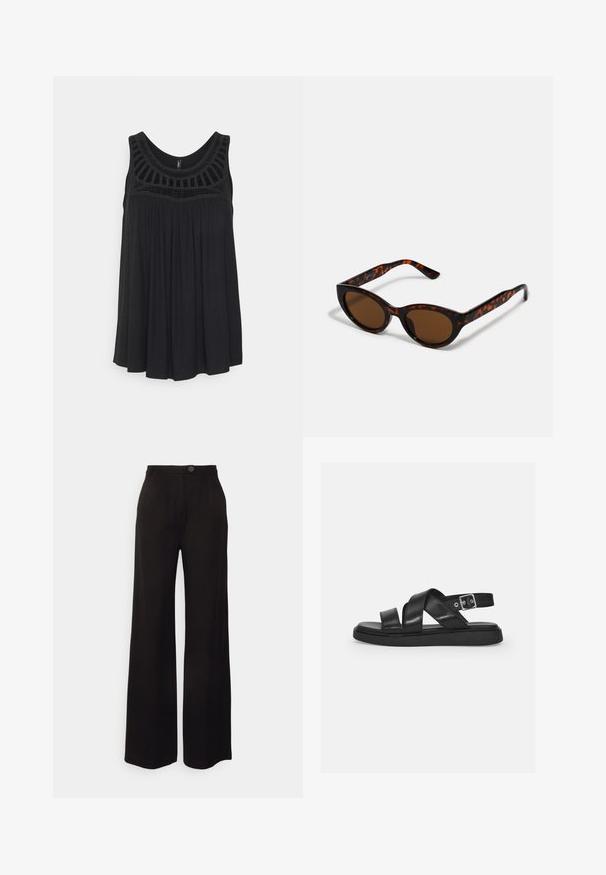 ONLY ONLLINE CROCHET - Top - black; Pantalones de pierna ancha negros, confeccionados con una tela suave, que presentan un cierre de botón en la parte delantera y dos pliegues frontales para un detalle adicional.; Sandalias de cuero negro con tiras cruzadas, hebilla ajustable en el tobillo, suela plana y diseño minimalista. Textura suave con acabado mate.; Gafas de sol de carey marrón con una forma vintage de ojo de gato y lentes marrones. Presentan brazos curvados con acentos rojos.