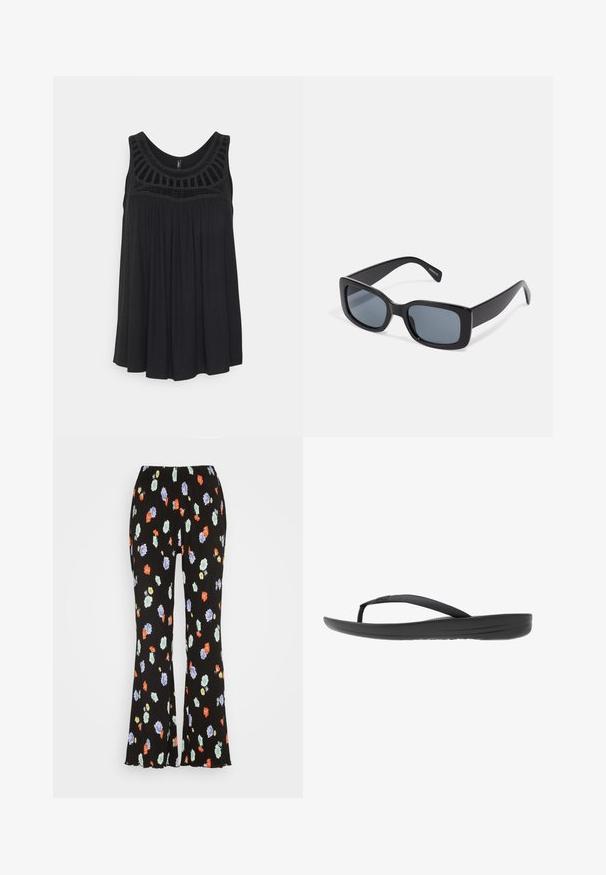 ONLY ONLLINE CROCHET - Top - black; Envii METTE PANTS - Broek - rosegarden; Zwarte flip-flop met een gestructureerde band, een gevoerde zool en een strak, minimalistisch ontwerp. Geschikt voor casual gebruik.; Zwarte rechthoekige zonnebril met donkere getinte lenzen, een dik plastic montuur en brede scharnieren. Glad oppervlak en hoekig ontwerp.