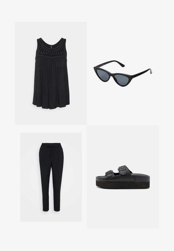ONLY ONLLINE CROCHET - Top - black; Čierne teplákové nohavice s elastickým pásom, šnúrkovým zapínaním a zúženými nohavicami. Vyrobené z jemného materiálu s hladkou textúrou.; Čierne platformové sandále vyrobené z hladkého materiálu, s dvoma nastaviteľnými popruhmi a prackami, a textúrovanou podrážkou pre lepšiu priľnavosť.; Čierne slnečné okuliare v štýle mačacích očí s tmavošedými sklami, elegantným plastovým rámom, špicatými rohmi a rovnými stranami. Bez viditeľného hardvéru alebo akcentov.