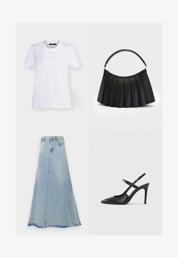 Camiseta blanca de manga corta con cuello redondo y un sutil adorno de perlas cerca del dobladillo inferior sobre un fondo liso.; Falda de mezclilla azul claro con forma acampanada en A, que cuenta con un cierre frontal de botones, pasadores para cinturón y detalles de costura visibles.; Tacones altos slingback de cuero negro con punta afilada, diseño con recortes y correa ajustable con herrajes metálicos.; Bolso negro plisado hecho de cuero sintético, con un asa curva y cierre superior con cremallera. Textura suave con un diseño estructurado.