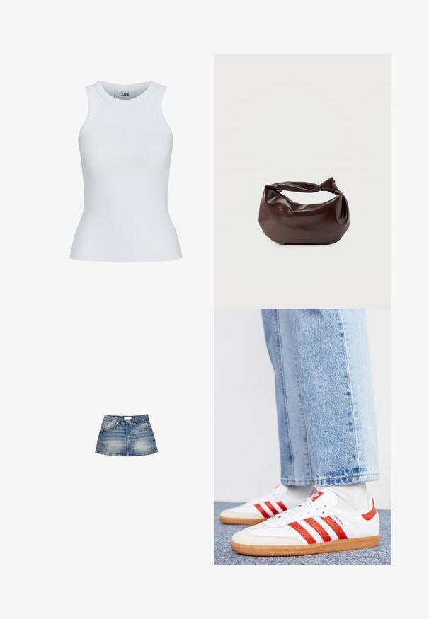 Hvid ribbet tanktop med en rund udskæring og ærmeløst design. Har en slim fit og blød tekstur, velegnet til lagpåsætning.; Denim mini nederdel i lyseblå vask, med en tætsiddende talje, forlommer og en svungen kant med let falming og færdige kanter.; Hvide lædersneakers med røde striber og accenter. Har en tekstureret gummisål og polstret krave. Bæres med lyseblå denim.; Mørkebrun læder skuldertaske med en blød, afslappet form og et snoet knudehåndtag på en ensartet hvid baggrund.