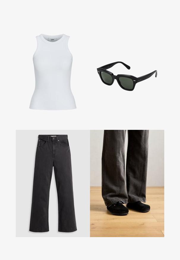 Top sin mangas de canalé blanco con escote redondeado y diseño sin mangas. Cuenta con un corte ajustado y una textura suave, ideal para llevar en capas.; Jeans de mezclilla negra de pierna ancha con cintura alta, cinco bolsillos y cierre de botón metálico. La tela tiene una textura suave y ligeramente desvaída.; Persona vestida con pantalones sueltos de color gris oscuro y zapatos negros sin cordones, de pie sobre un suelo de madera clara contra una pared lisa.; Gafas de sol cuadradas negras con lentes verde oscuro, con montura audaz y acentos plateados en los laterales. Fabricadas en Italia.