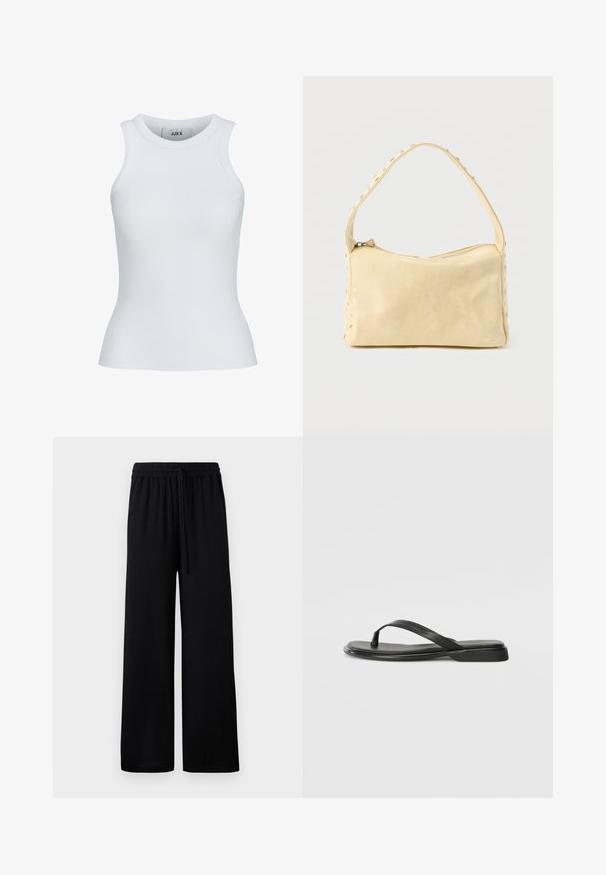 Hvid ribbet tanktop med en rund udskæring og ærmeløst design. Har en slim fit og blød tekstur, velegnet til lagpåsætning.; Sorte vide benbukser med elastisk talje og justerbar snor. Glat stof uden synlige mønstre eller accenter.; Sorte flip-flops lavet af glat læder, med et tyndt remdesign og en flad sål med et minimalt profil. Ingen bemærkelsesværdige mønstre eller accenter.; Lille beige læderhåndtaske med en enkelt rem og sølvnitter langs kanterne og remmen, sat mod en ensfarvet baggrund.