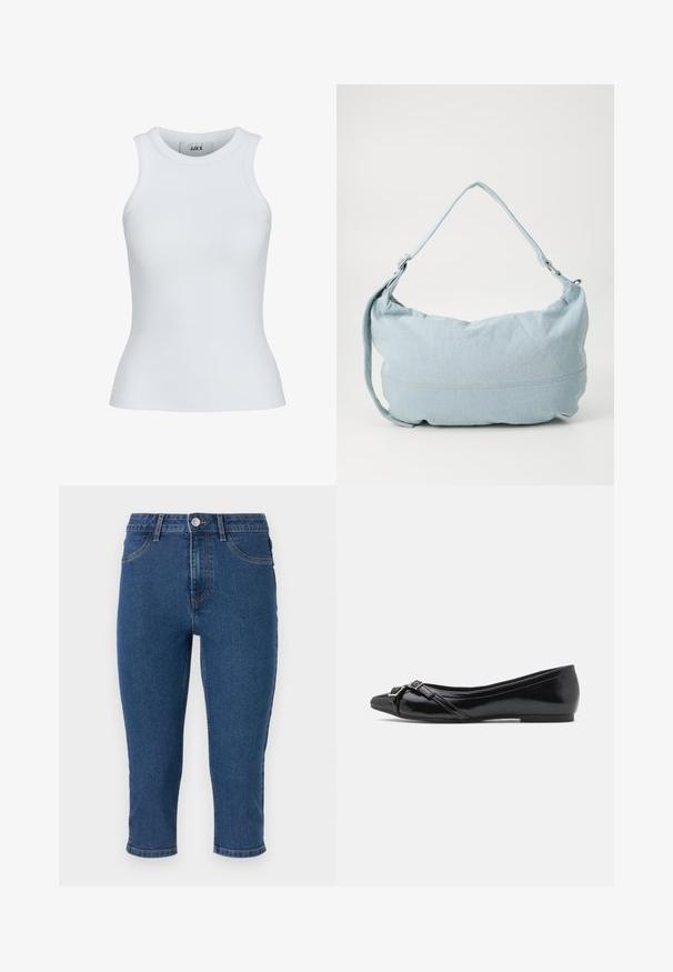 Top sin mangas de canalé blanco con escote redondeado y diseño sin mangas. Cuenta con un corte ajustado y una textura suave, ideal para llevar en capas.; Pantalones capri de mezclilla azul oscuro con cintura alta, cinco bolsillos y costuras en contraste. Presentan un solo botón de metal y un ligero estrechamiento en el dobladillo.; Bailarinas de charol negro con punta afilada, que cuentan con correas en forma de cruz y un pequeño detalle de hebilla plateada en la parte delantera.; Bolso de hombro de denim azul claro con forma redondeada, correa ajustable y un sutil detalle de costura en el borde inferior. Textura suave.
