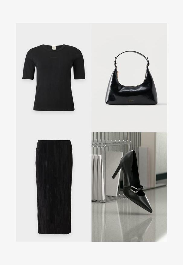 Μαύρο ριμπ μπλουζάκι με κοντά μανίκια Calvin Klein, με στρογγυλή λαιμόκοψη και διακριτικό κεντημένο λογότυπο στο στήθος, σε μονόχρωμο φόντο.; Μαύρη πλισέ midi φούστα από υφή, με εφαρμοστή σιλουέτα και ελαστική μέση για άνεση. Χωρίς ορατά αξεσουάρ ή διακοσμητικά.; Μαύρη μυτερή γόβα με ψηλό τακούνι και ασημένιο λουράκι με πόρπη, τοποθετημένη σε ανακλαστική επιφάνεια κοντά σε μεταλλικό οργανωτή αρχείων με χαρτιά.; Μαύρη γυαλιστερή τσάντα Calvin Klein με χρυστό φερμουάρ και κοντό λουρί σε απλό λευκό φόντο.