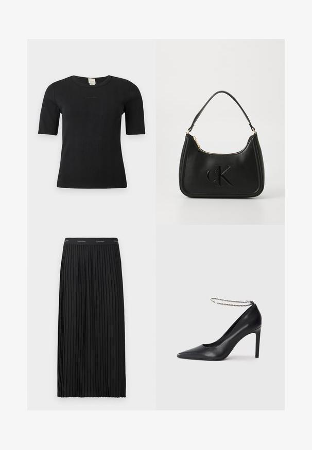 Zwart geribd Calvin Klein topje met korte mouwen, een ronde halslijn en een subtiel geborduurd logo op de borst, op een effen achtergrond.; Zwarte geplooide midi-skirt met een elastische tailleband en herhalend Calvin Klein-logo in het wit.; Zwarte leren hoge hak pump met een spitse neus, voorzien van een dunne zilveren ketting enkelband en een strakke, gladde textuur.; Zwarte leren handtas met een gebogen vorm, voorzien van een gouden rits en een subtiel geperst "cK" logo. Gladde textuur en een enkele handvat.