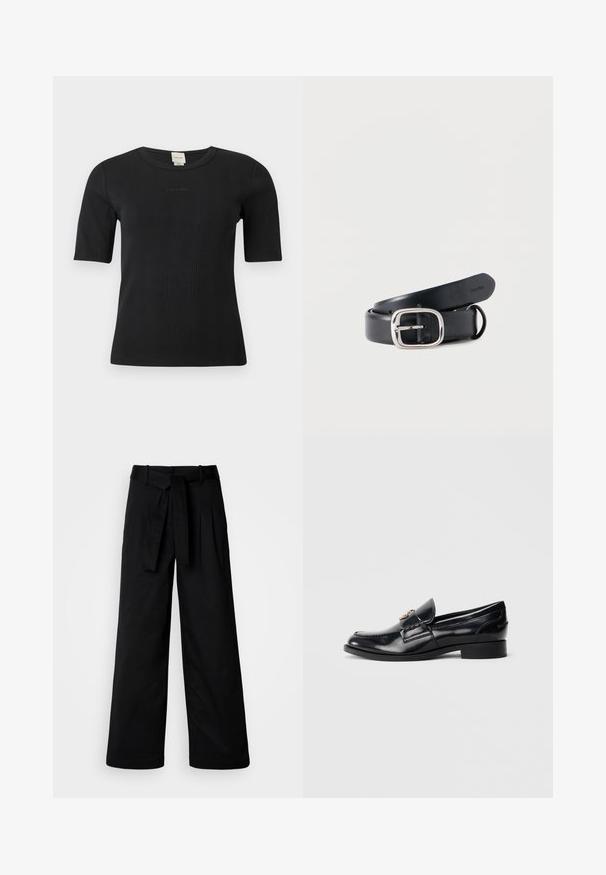 Μαύρο ριμπ μπλουζάκι με κοντά μανίκια Calvin Klein, με στρογγυλή λαιμόκοψη και διακριτικό κεντημένο λογότυπο στο στήθος, σε μονόχρωμο φόντο.; Μαύρο παντελόνι φάρδους με ζώνη στη μέση, διαθέτοντας καθαρό σχέδιο και απαλό υφή, φτιαγμένο από ανθεκτικό ύφασμα.; Μαύρο γυαλιστερό δερμάτινο μοκασίνι με χαμηλό τακούνι και διακοσμητικό μεταλλικό έμβλημα στο επάνω μέρος, εμφανιζόμενο σε πλευρικό προφίλ σε λευκό φόντο.; Μαύρη δερμάτινη ζώνη με ορθογώνια ασημί αγκράφα. Λεία υφή, με τρυπημένες τρύπες για ρύθμιση και εσωτερική επισήμανση επωνυμίας.