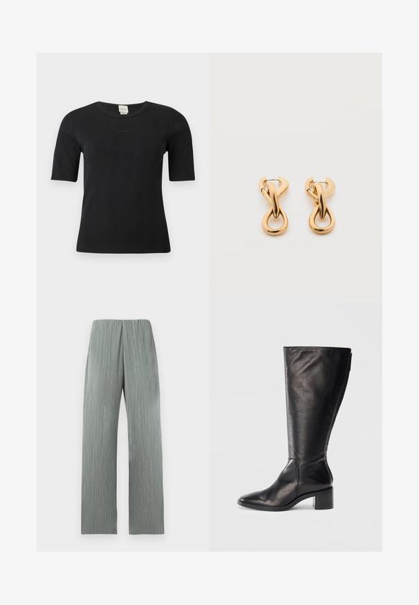 Zwart geribd Calvin Klein topje met korte mouwen, een ronde halslijn en een subtiel geborduurd logo op de borst, op een effen achtergrond.; Lichtgrijze wijde broek met hoge taille en verticale getextureerde lijnen, weergegeven tegen een effen witte achtergrond.; Zwarte leren kniehoog laars met een vierkante neus, blokhak en slank ontwerp. Gladde textuur met een zijrits voor gemakkelijke instap.; Een paar glanzende oorringen in goudkleur met een lusvormige, gedraaide en verstrengelde ontwerp, afgebeeld op een eenvoudige witte achtergrond.