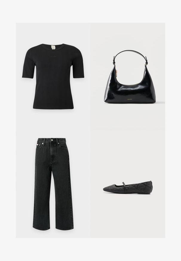 Μαύρο ριμπ μπλουζάκι με κοντά μανίκια Calvin Klein, με στρογγυλή λαιμόκοψη και διακριτικό κεντημένο λογότυπο στο στήθος, σε μονόχρωμο φόντο.; Φαρδιά τζιν παντελόνια σε μαύρο τζιν ύφασμα, με υψηλή μέση, δύο μπροστινές τσέπες, μία πίσω τσέπη και κλείσιμο με κουμπί με ασημένια λεπτομέρεια.; Μαύρο μυτερό επίπεδο παπούτσι με γεωμετρικά σχέδια και λεπτό λουράκι στο επάνω μέρος σε απλό φόντο.; Μαύρη γυαλιστερή τσάντα Calvin Klein με χρυστό φερμουάρ και κοντό λουρί σε απλό λευκό φόντο.