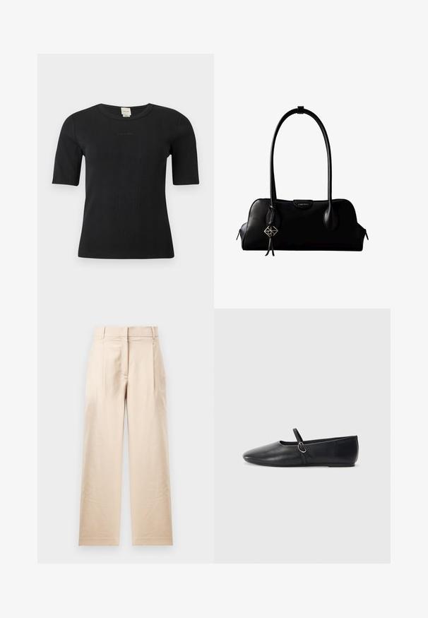 Schwarzes, geripptes Calvin Klein Kurzarmoberteil mit Rundhalsausschnitt und dezentem, auf der Brust aufgesticktem Logo vor einfachem Hintergrund.; Beige Hose aus glattem Stoff. Mit geradem Schnitt, flachem Bund und zwei Falten. Keine sichtbaren Muster oder Beschläge.; Schwarze Leder-Ballettschuhe mit spitzem Schuhzeug, flacher Sohle und einem kleinen Riemen mit silberner Schnalle.; Schwarze Lederhandtasche von Calvin Klein mit langen Henkeln, einem vorderen Logo-Tag und einem silbernen geometrischen Anhänger, der an einem Henkel hängt.