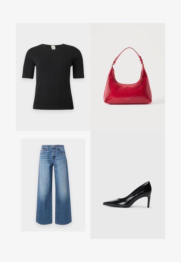 Μαύρο ριμπ μπλουζάκι με κοντά μανίκια Calvin Klein, με στρογγυλή λαιμόκοψη και διακριτικό κεντημένο λογότυπο στο στήθος, σε μονόχρωμο φόντο.; Μπλε τζιν παντελόνι με φαρδιά πόδια, κουμπί και φερμουάρ μπροστά, στυλ με πέντε τσέπες και διακριτικές ξεβαμμένες λεπτομέρειες στους μηρούς και τα γόνατα.; Μαύρο δερμάτινο ψηλοτάκουνο παπούτσι με μυτερή μύτη, λεία υφή και κοφτό τακούνι. Μινιμαλιστικός σχεδιασμός, χωρίς επιπρόσθετες διακοσμήσεις.; Κόκκινη δερμάτινη τσάντα ώμου με χρυστό φερμουάρ και ρυθμιζόμενο ιμάντα, λογότυπο Calvin Klein στο κέντρο μπροστά.