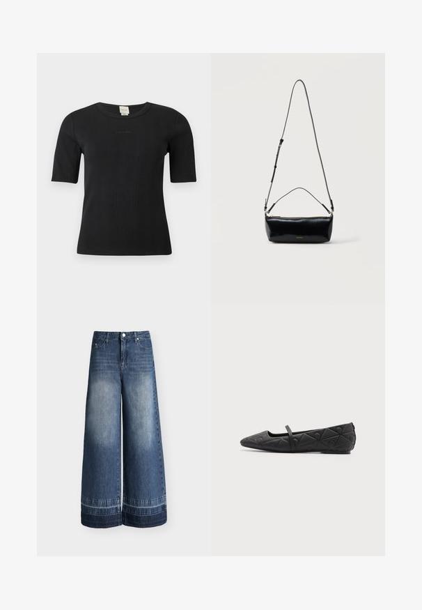 Μαύρο ριμπ μπλουζάκι με κοντά μανίκια Calvin Klein, με στρογγυλή λαιμόκοψη και διακριτικό κεντημένο λογότυπο στο στήθος, σε μονόχρωμο φόντο.; Μπλε τζιν με φαρδιά μπατζάκια, ψηλή μέση, κουμπιά μπροστά και ξεθωριασμένες λεπτομέρειες στους μηρούς και τα τελειώματα, εμφανίζονται σε απλό φόντο.; Μαύρο μυτερό επίπεδο παπούτσι με γεωμετρικά σχέδια και λεπτό λουράκι στο επάνω μέρος σε απλό φόντο.; Μαύρη ορθογώνια δερμάτινη τσάντα χιαστί με ρυθμιζόμενο λουράκι ώμου, επάνω φερμουάρ και μικρό χρυσό λογότυπο Calvin Klein στο μπροστινό μέρος.