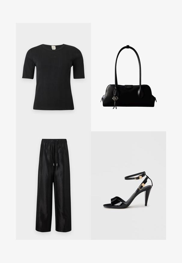 Zwart geribd Calvin Klein topje met korte mouwen, een ronde halslijn en een subtiel geborduurd logo op de borst, op een effen achtergrond.; Zwarte wijde broek van glanzende stof met een elastische tailleband en trekkoord, voorzien van accenten van zilverkleurig hardware.; Zwart lakleren hoge hak sandaal met dubbele enkelbandjes en gouden gespen, open teen en slanke, taps toelopende hak op een neutrale achtergrond.; Zwarte leren Calvin Klein handtas met lange hengsels, een logo-label aan de voorkant en een zilverkleurige geometrische hanger die aan één hengsel hangt.