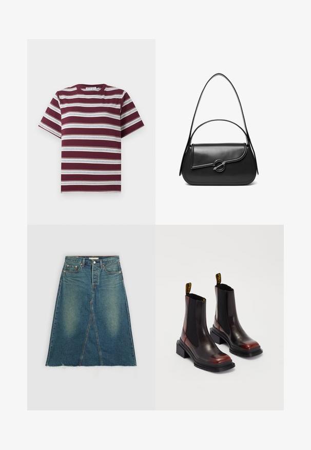 Maroonfarbenes T-Shirt mit kurzen Ärmeln und horizontalen weißen und grauen Streifen, Rundhalsausschnitt, flach auf weißem Hintergrund liegend.; Jeansrock in Mittelblau mit einem Schlitz vorne, rohem Saum und sanfter Ausbleichung. Verfügt über ein klassisches Fünf-Taschen-Design und Gürtelschlaufen.; Dr. Martens MAYBOLE CHELSEA - Plateaustiefelette - black/cherry red; Schwarze Lederschultertasche mit einer geschwungenen Klappe, die durch einen runden Metallverschluss gesichert ist, und einem schlanken, verstellbaren Riemen.