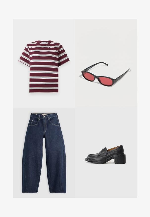 Bordeauxrode T-shirt met korte mouwen met horizontale witte en grijze strepen, ronde hals, plat gelegd op een witte achtergrond.; Donkerblauwe denim jeans met een losse fit, lichte stiksels, vijf zakken en een knoopsluiting op de taille.; Zwarte leren instappers met een dikke, geribbelde rubberen hak. Voorzien van een ronde neus en een horizontale band over de wreef. Textuurondergrond.; Zwarte ovale zonnebril met slanke pootjes en rood getinte glazen, rustend op een witte ondergrond.