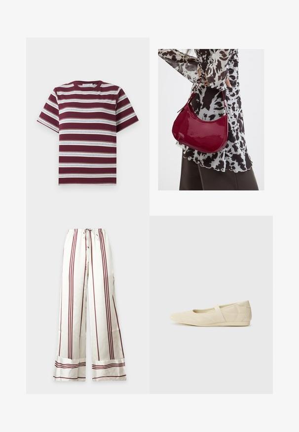 Μπορντό κοντομάνικο μπλουζάκι με οριζόντιες λευκές και γκρι ρίγες, στρογγυλή λαιμόκοψη, επίπεδο σε λευκό φόντο.; Άσπρο παντελόνι με φαρδιά ποδόγυρα, κάθετες και οριζόντιες καφέ ρίγες και ελαστική μέση με κορδόνι.; Μπεζ μπαλαρίνες με λείο δέρμα εξωτερικά, αμυγδαλωτό τελείωμα, και ελαστική λωρίδα που διασχίζει το επάνω μέρος του ποδιού, με διακριτές ραφές.; Γυναίκα που φοράει μια μπλούζα με μαύρο-άσπρο μοτίβο κρατάει μια γυαλιστερή κόκκινη τσάντα ώμου σε απλό φόντο.