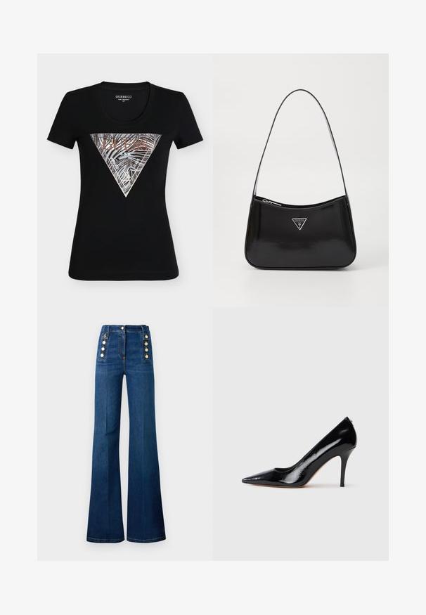 Camiseta negra ajustada Guess de manga corta con un logo triangular metálico en plata y bronce que presenta rayas de cebra y el texto "Guess U.S.A."; Jeans de talle alto y corte acampanado en denim azul oscuro, con acentos de botones dorados en los lados y una textura suave.; Zapato de salón de charol negro con tacón alto y punta afilada, con textura suave y tacón de aguja delgado. Sin herrajes visibles.; Bolso de hombro de charol negro con forma curva, que presenta un logotipo triangular plateado y un cierre de cremallera. Textura suave y correa delgada.