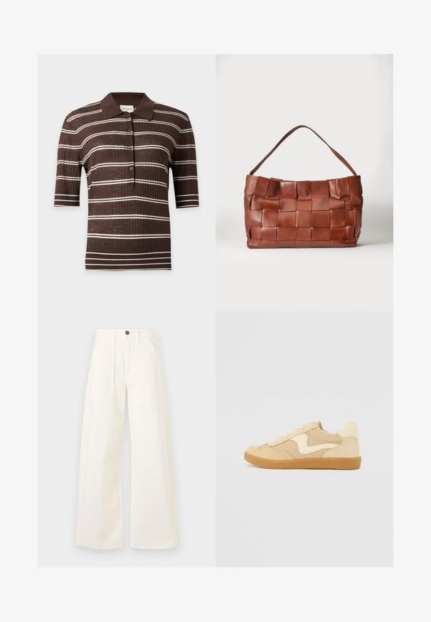 Polo marron à manches courtes avec des rayures blanches horizontales et quatre boutons sur le devant sur un fond clair uni.; Pantalons à jambes larges en coton blanc cassé, avec une taille haute, deux poches avant et une fermeture à bouton sur le devant.; Sneaker beige avec des matériaux en daim et en maille, forme arrondie, col rembourré proéminent et semelle en caoutchouc gomme. Présente un accent de design en forme de vague.; Sac à main en cuir marron avec de larges lanières tissées et une seule bandoulière sur un fond clair uni.