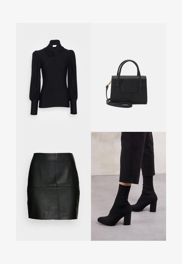 Haut noir à manches longues avec un col montant, présentant des épaules froncées et des manches ajustées. Fabriqué dans un matériau doux et extensible.; Jupe mini en cuir noir avec une texture lisse, une silhouette ajustée et un détail de couture au niveau de la taille. Pas de fermetures visibles.; Bottines à talons noires avec un dessus en ribbed comme une chaussette, surface lisse, bout rond et un talon carré pour plus de stabilité.; Sac à main structuré noir en cuir avec une poignée supérieure, une bandoulière détachable et un détail à rabat à l'avant. Accents en matériel doré.