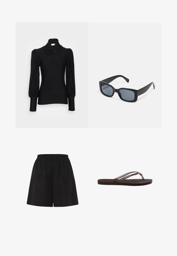 Schwarz langärmliges Oberteil mit hohem Kragen, das geraffte Schultern und taillierte Ärmel aufweist. Hergestellt aus einem glatten, elastischen Material.; Schwarze Baumwollshorts mit elastischem Bund, im lässigen Schnitt und gerader Beinform. Glatte Textur ohne zusätzliche Muster oder Akzente.; Braune Gummi-Zehentrenner mit profilierter Sohle und dünnen Riemen mit kleinem dekorativem Metall-Detail an der Seite.; Schwarze rechteckige Sonnenbrille mit dunkel getönten Gläsern, dickem Kunstrahmen und breiten Bügeln. Glatte Oberfläche und kantiges Design.