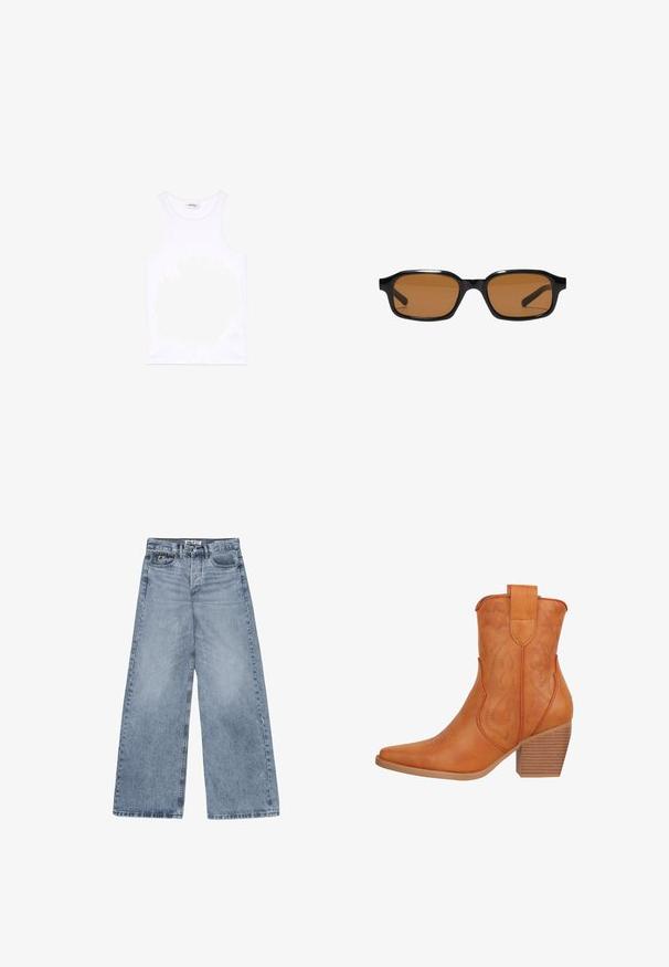 Hvid ærmeløs tanktop med rund halsudskæring, lagt fladt på en ensfarvet lys baggrund, uden synlige mønstre eller designs.; Lyseblå vide denimjeans med fem lommer, knaplukning og mærke på den lille forlommer.; Salinyang SALINYANG - Cowboy- / bikerstøvlette - braun; Sorte rektangulære solbriller med tykke stel og brune tonede linser, vist forfra på en hvid baggrund.