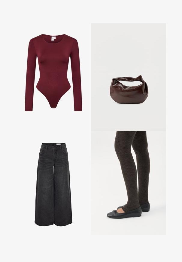 Bordeaux langærmet bodysuit lavet af glat, strækbart stof; har en rund halsudskæring og en tanga-bund med trykknaplukning.; Bredde ben sorte denimshorts med høj talje, forlommer og subtil tekstur; designet til en afslappet pasform.; Ben iført mørke ribbede leggings kombineret med sorte balletsko med små sløjfedetaljer på hvid baggrund.; Mørkebrun læder skuldertaske med en blød, afslappet form og et snoet knudehåndtag på en ensartet hvid baggrund.