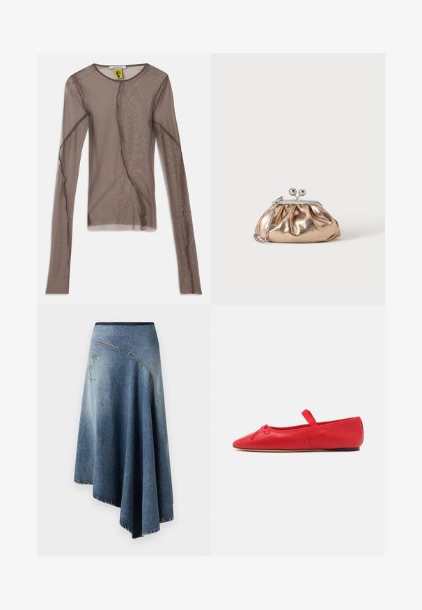 Braunes Netzoberteil mit langen Ärmeln, das einen transparenten Stoff, einen runden Ausschnitt und asymmetrische Nähte für zusätzliche Designdetails aufweist.; Denim-Wickelrock in einem hellen bis dunklen Blauton-Gradient, mit einem gestickten Blumenmuster auf einer Seite und sichtbaren Stichdetails entlang der Ränder.; Loeffler Randall LEONIE SOFT BALLET FLAT - Riemchenballerina - red; Kleine goldene Metallic-Clutch mit silbernem Verschluss und Kettengurt auf einfachem hellem Hintergrund.