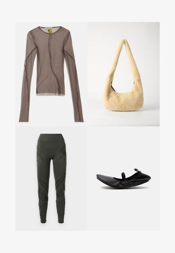 Braunes Netzoberteil mit langen Ärmeln, das einen transparenten Stoff, einen runden Ausschnitt und asymmetrische Nähte für zusätzliche Designdetails aufweist.; Dunkelgrüne Leggings aus dehnbarem Stoff mit strukturierten Mustern und detaillierten Nähten entlang der Seiten und Knöchel, ausgestattet mit einem hohen Bund.; Schwarzer gefalteter Leder-Ballettflachschuh mit einem einzelnen Riemen und silberner Schnalle auf einfarbig hellem Hintergrund.; Beige Shearling Schultertasche mit einem gebogenen Griff und einer runden Form. Die Textur ist weich und plüschig, mit minimalen Hardware-Akzenten.