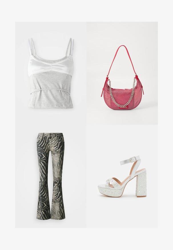 Camisole gris et blanc avec des bretelles réglables, présentant une section supérieur en satin et une section inférieure en coton texturé gris, cintrée à la taille.; Jean évasés avec un motif zèbre noir et beige, en denim, dotés d'un design à cinq poches et de détails de couture visibles.; Sandales à plateforme blanches avec une finition métallique, présentant deux brides croisées, une bride de cheville et un talon carré orné de gemmes scintillantes.; Sac à main perforé rouge en forme arrondie, avec une accent en chaîne argentée et une bandoulière assortie. Logo affiché à l'avant.