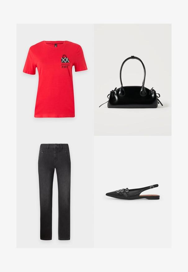 Camiseta de algodón roja con mangas cortas. Presenta un diseño bordado de un bolso negro con acentos blancos y el texto "personal FAVE" debajo.; Pepe Jeans GYMDIGO CAREY - Vaqueros pitillo - denim; Zapato plano slingback de cuero negro con puntera puntiaguda, que presenta dos correas horizontales y hebillas plateadas cuadradas, tacón bajo y textura suave.; Pequeño bolso negro brillante con dos asas largas y detalles de cordón lateral sobre un fondo claro liso.