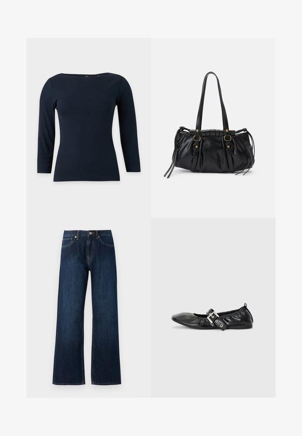 Navyblå langærmet tætsiddende top med bådudskæring og enkel, glat stofstruktur på ensfarvet baggrund.; Bredde ben mørkeblå jeans lavet af denim, med lynlås og knaplukning, samt to forreste lommer med kontrasterende syninger.; Sorte læder flade sko med spids tå, samling detaljer omkring åbningen, og en sølv spænde accent på den justerbare rem.; Sort læderhåndtaske med rund form, dobbelte hanke, dekorative hardware-detaljer og snøre på siden. Glat, blank overflade.