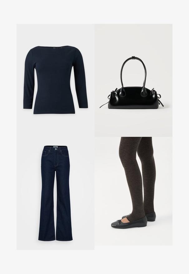 Navyblå langærmet tætsiddende top med bådudskæring og enkel, glat stofstruktur på ensfarvet baggrund.; ONLY Tall ONLJUICY WIDE RINSE - Wide leg - dark blue denim; Ben iført mørke ribbede leggings kombineret med sorte balletsko med små sløjfedetaljer på hvid baggrund.; Lille sort blank håndtaske med to lange håndtag og snøre-detaljer i siden på en ensfarvet lys baggrund.