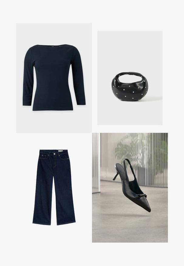 Navyblå langærmet tætsiddende top med bådudskæring og enkel, glat stofstruktur på ensfarvet baggrund.; Bredde ben mørkeblå denimjeans med høj talje, fem-lomme design, kobber nitter og kontrasterende gul syninger.; Sort tekstureret læder slingback højhælet sko med spids tå og lille dekorativ spænde, svævende over en glat gulv.; Sort læderhåndtaske med en rundet form, dekoreret med sølvnitter, og et kort håndtag. Glat tekstur og lynlåslukning.