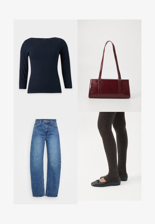 Navyblå langærmet tætsiddende top med bådudskæring og enkel, glat stofstruktur på ensfarvet baggrund.; Lyseblå denim jeans med lige snit, høj talje, fem lommer og knappet lukning. Har diskret falming og klassiske syninger.; Ben iført mørke ribbede leggings kombineret med sorte balletsko med små sløjfedetaljer på hvid baggrund.; Bordeaux håndtaske lavet af glansfuldt materiale, rektangulær form, med to skulderremme og subtile buede detaljer på forsiden.