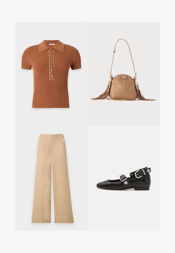 Kortebrune ribgebreide polo met kraag en zes knopen aan de voorkant, omlijnd met een dunne witte bies.; sandro GABARD VERSION STARS - Wide leg - beige; Zwarte gepatineerde leren platte schoen met een vierkante neus, enkelband met zilverkleurige hardware en platte zool. Gladde textuur met minimalistisch ontwerp.; Kleine lichtbruine leren schoudertas met lange band, gouden kettinkdetail en franjes aan beide zijden tegen een neutrale achtergrond.