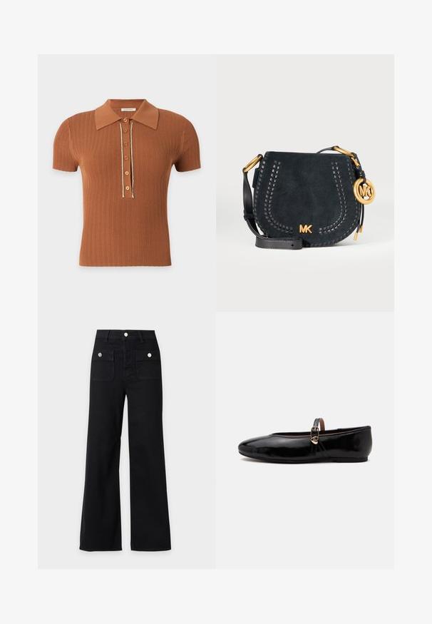Polo marron en maille côtelée à manches courtes, avec col et six boutons devant bordés d'un fin liseré blanc.; Pantalon noir à jambes larges, taille haute, deux poches avant à rabat avec boutons argentés, passants de ceinture et fermeture frontale à boutons.; Chaussure plate noire brillante avec une fine bride à la cheville et une petite boucle dorée en forme de cœur sur un fond clair uni.; Sac bandoulière en daim noir avec bordure tressée, sangle en cuir ajustable, logo MK doré et breloque sur fond blanc.