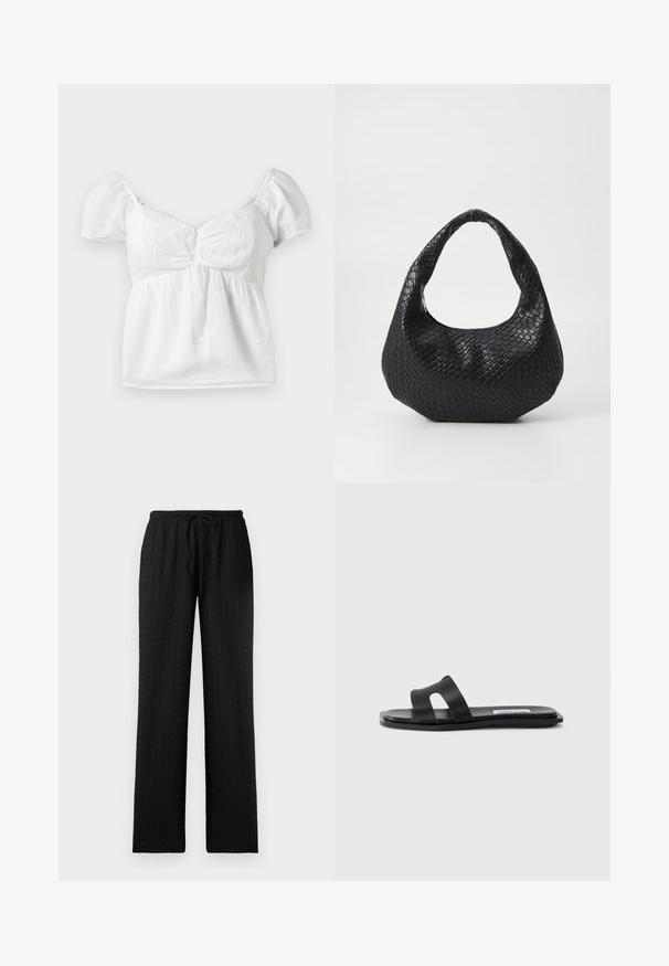 Blouse blanche en coton à manches bouffantes, avec un corps smocké et un décolleté arrondi. Texture douce et finition lisse avec un ourlet fluide.; Pantalons larges noirs texturés avec une taille élastique et un cordon de serrage réglable ; conçus pour le confort et une coupe décontractée.; Sandale plate noire avec deux larges brides, un détail découpé sur une des brides et une finition lisse mate. Semelle fine et flexible.; Sac à main tissé noir avec une poignée courbée, présentant une surface texturée et une forme décontractée. Fini lisse avec une silhouette organique.