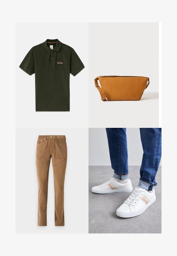 Donkergroen polo shirt gemaakt van katoen; voorzien van een klassieke kraag, drie knopen en een geborduurd logo op de linker borst.; Bruine corduroy broek met een slim fit, voorzien van vijf zakken, een knoopsluiting en gestikte details langs de naden.; Witte leren sneakers met meerkleurige strepen, vetersluiting, rubberen zool en gevoerd kraagje, gecombineerd met blauwe spijkerbroek.; Lichtbruine leren crossbodytas met verstelbare band en ritssluiting, getoond tegen een effen lichte achtergrond.