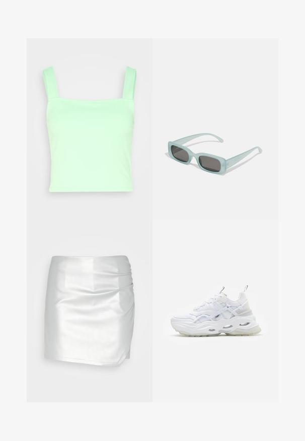 Pieces PCKARSON CROPPED - Top - summer green; Even&Odd by Zalando Shorts - silver; Hvide sneakers med en kraftig sål, lagdelt mesh og syntetisk overdel, med mønstrede detaljer, snøresystem og hæl-dragtag.; Et par rektangulære solbriller med lyseblå gennemsigtige stel og mørkegrå linser, der har lige templer og minimale hardware detaljer.