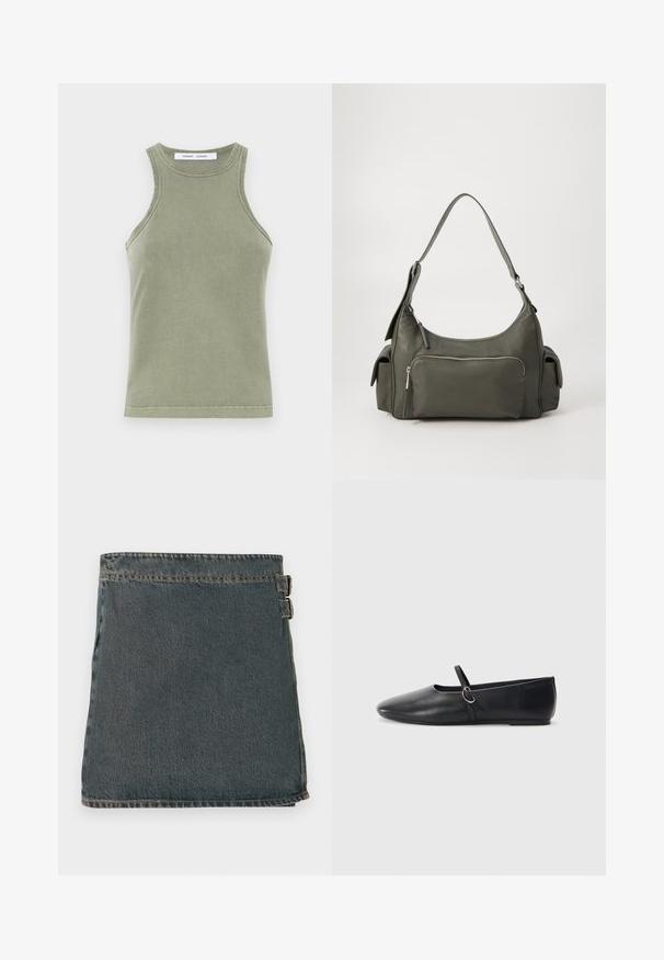 Débardeur vert olive en coton doux, avec un col rond, sans manches et des bords cousus. Forme simple et ajustée.; Jupe en denim bleu foncé avec une surface texturée, dotée de deux boucles latérales et d'un ourlet droit. Coutures visibles le long des bords.; Ballerines noires en cuir avec un bout pointu, une semelle plate et une petite sangle avec un détail de boucle en argent.; Sac à épaule en cuir vert avec un design arrondi, poche zippée à l'avant et poches supplémentaires sur les côtés. Texture lisse et matériel minimal.